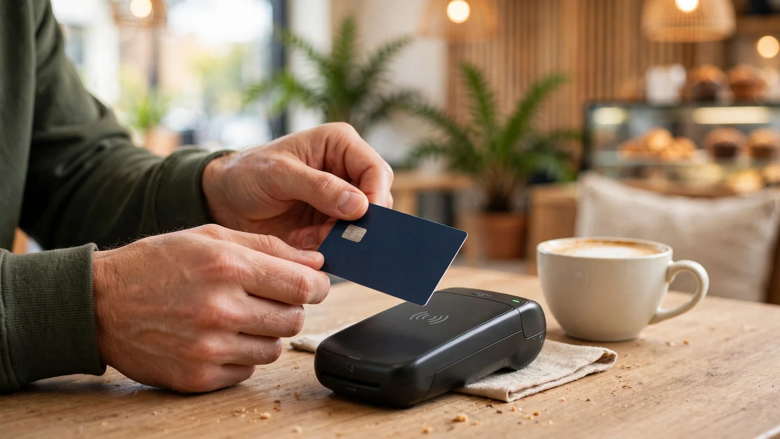 Hands placing a bank card on a payment terminal at a café