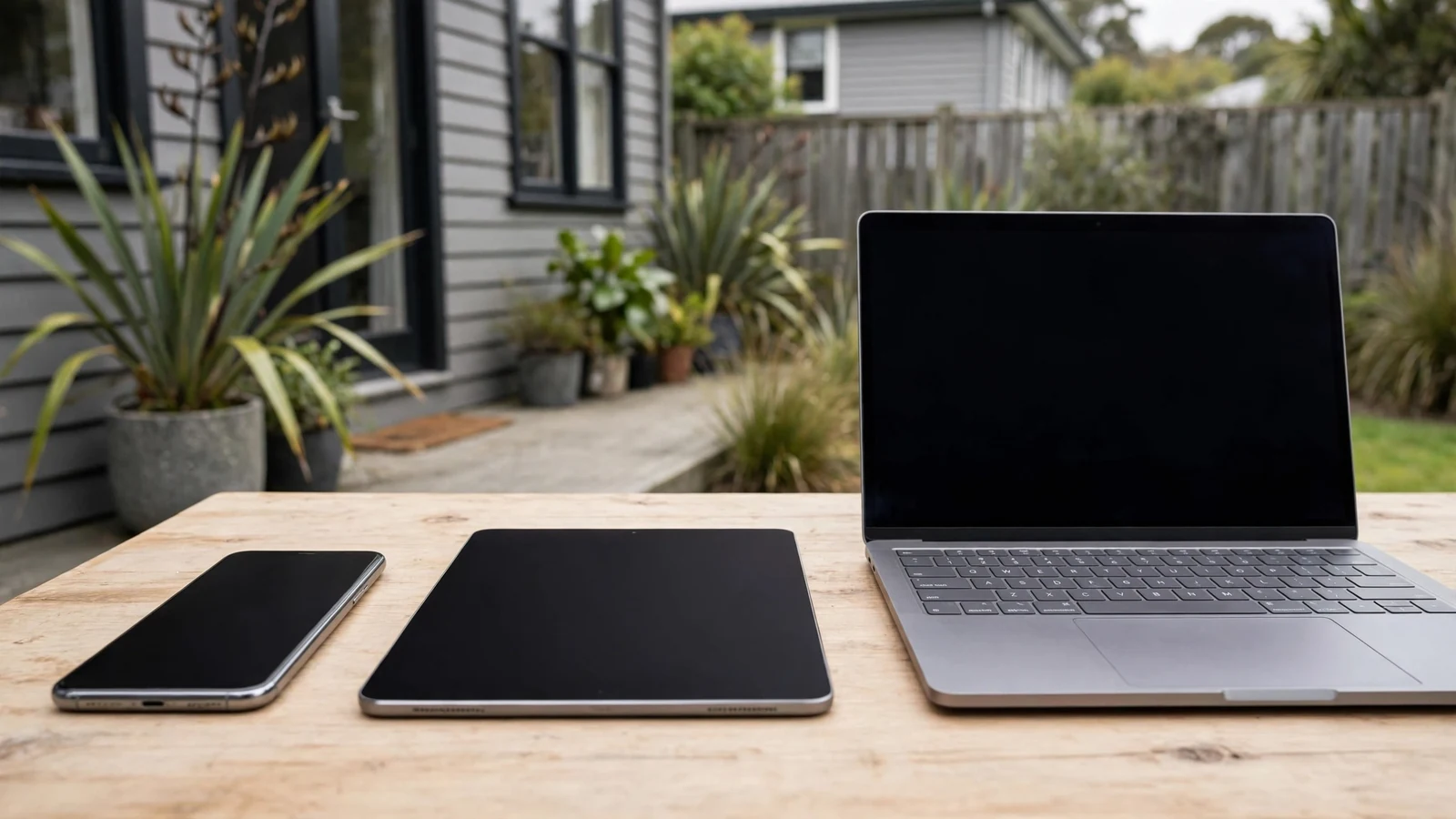 Dark screens of phone, tablet and laptop arranged on table