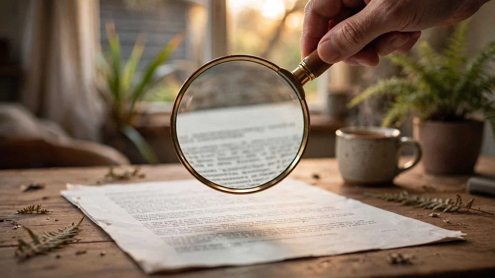 Magnifying glass examining a printed document on a desk